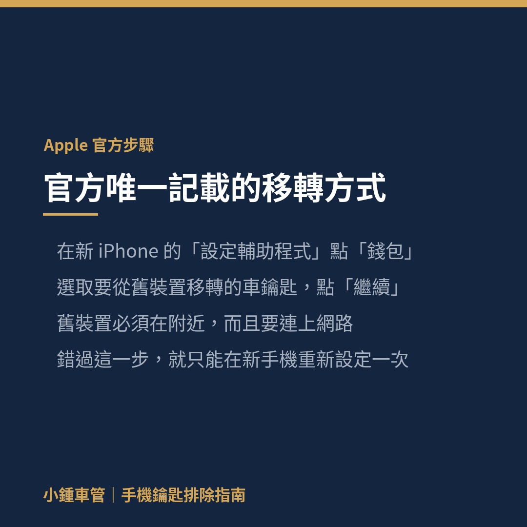 Apple 官方記載的車鑰匙移轉步驟:新機設定輔助程式點錢包,舊機須在附近並連網